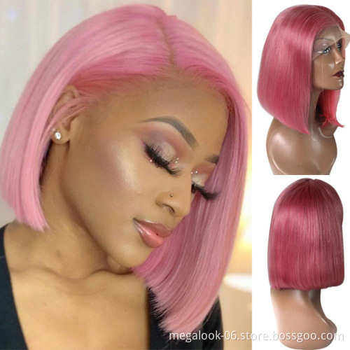 Pink Cuticle Aligned Human Hair Wigs Short Cut Bob Lace Front Wigs Remy Human Hair